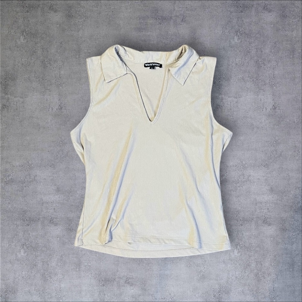 Beige Ribbed Collar Tank